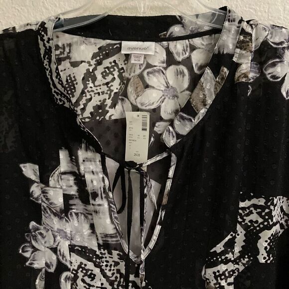 Avenue tie front floral flowy black & white polka dot tunic BoHo blouse 26 NEW - Picture 4 of 7